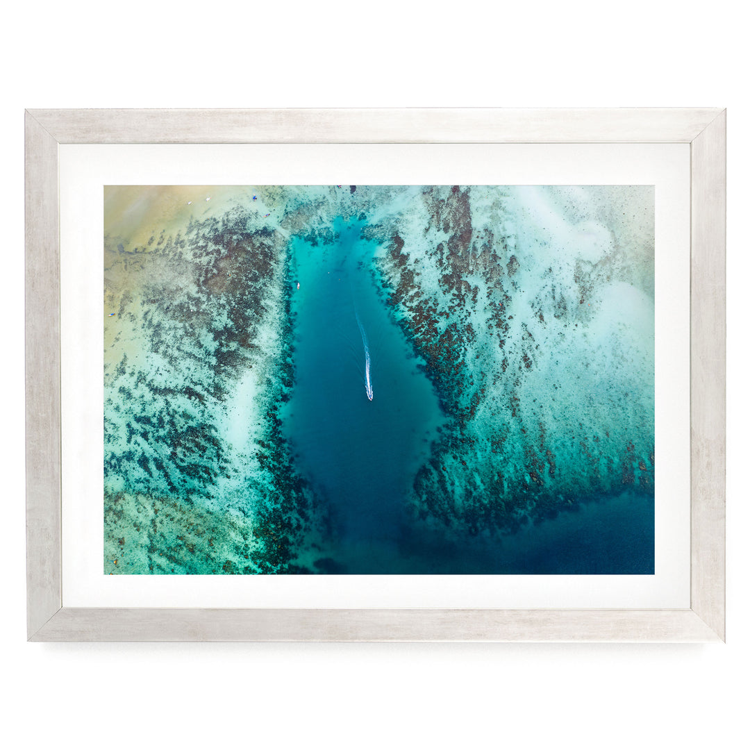 Tropical Sea Aerial, South-East Asia – fine art print in a silver frame with white mat