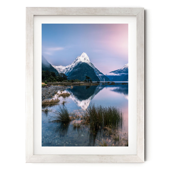 Milford Sound II, New Zealand – fine art print in a silver frame with white mat