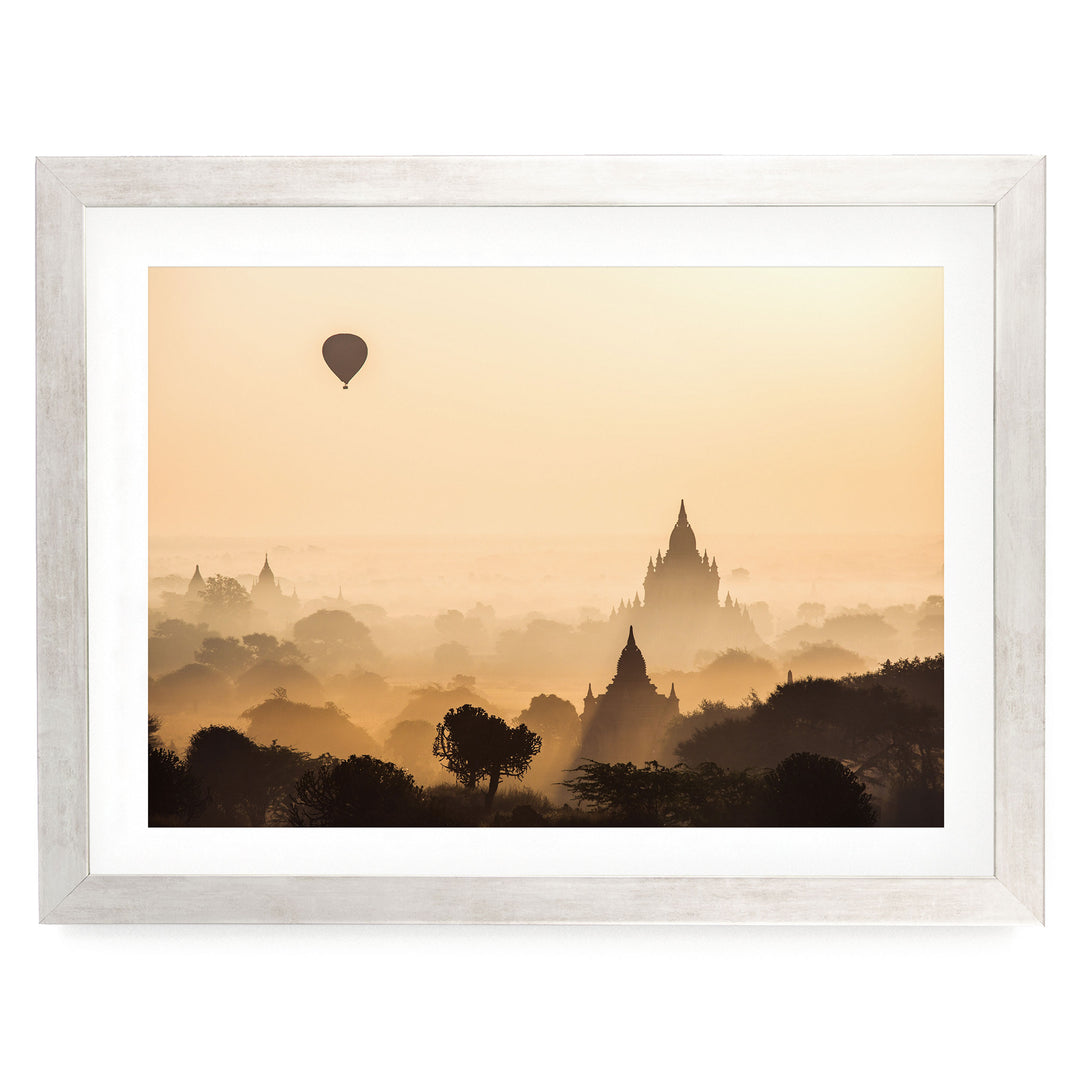 Sunrise in Bagan, Myanmar I – fine art print in a silver frame with white mat