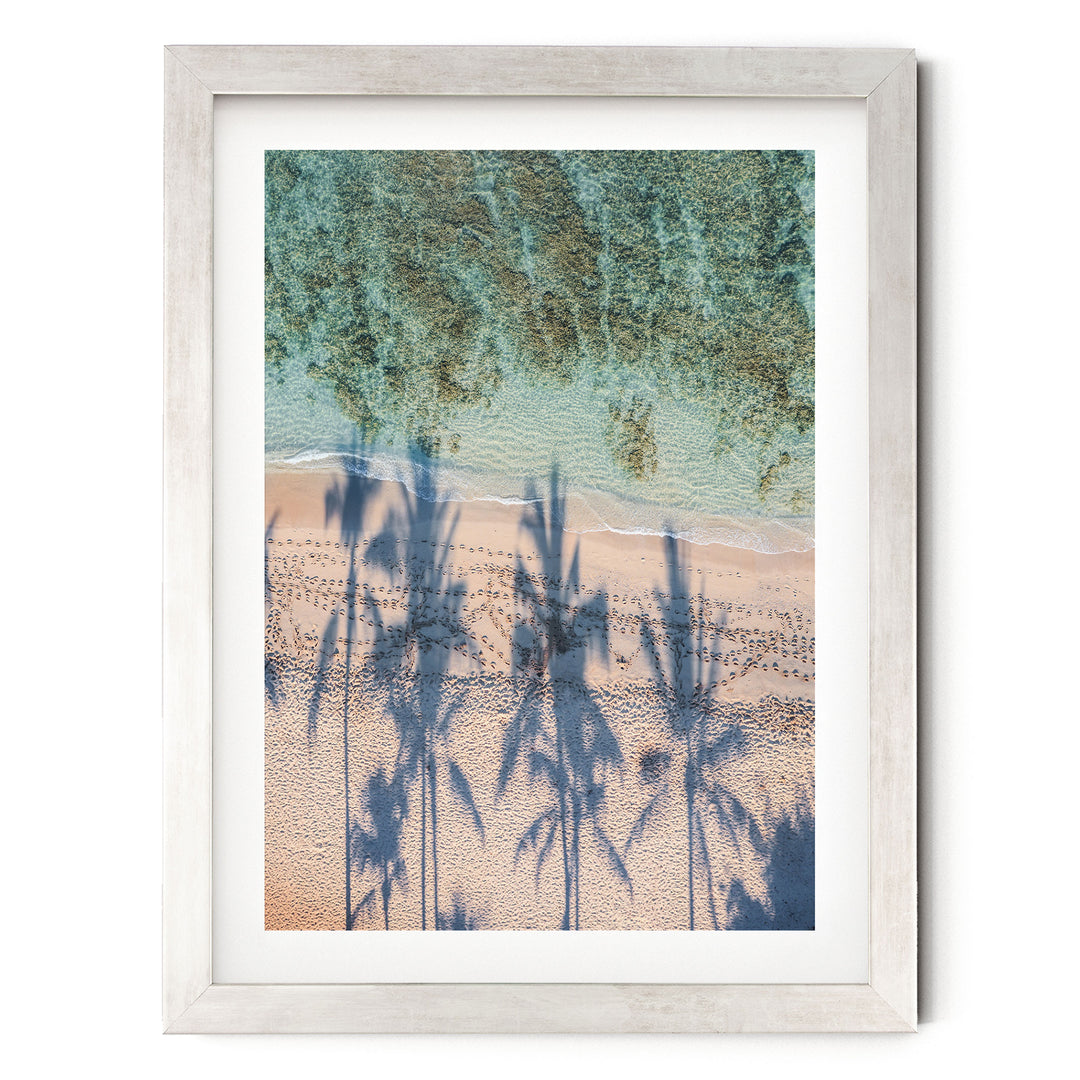 Palm Trees and Beach, Waikiki, Hawaii – fine art print in a silver frame with white mat