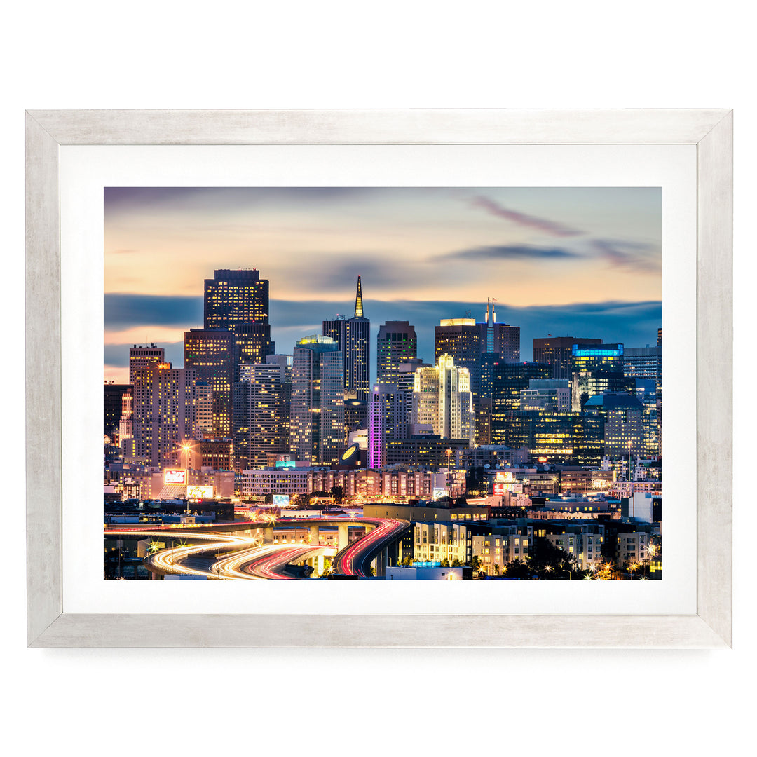San Francisco Skyline at Night, California – fine art print in a silver frame with white mat