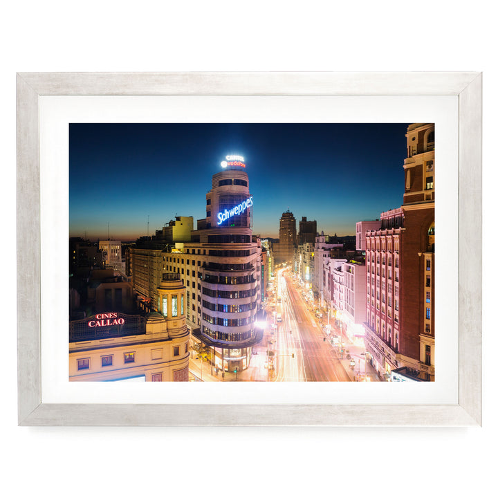 Night in Madrid, Spain – fine art print in a silver frame with white mat