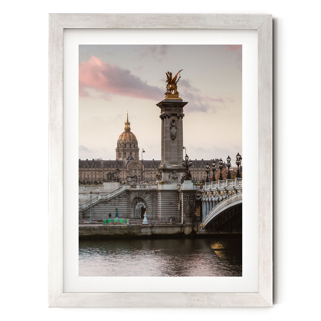 Sunrise on the River, Paris, France – fine art print in a silver frame with white mat