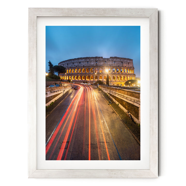 Night at the Colosseum, Rome, Italy – fine art print in a silver frame with white mat
