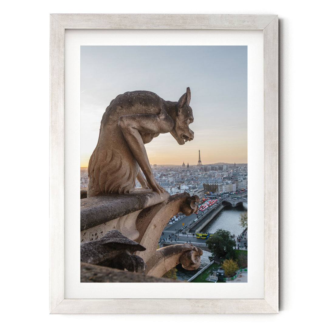 Notre-Dame Gargoyle, Paris, France – fine art print in a silver frame with white mat