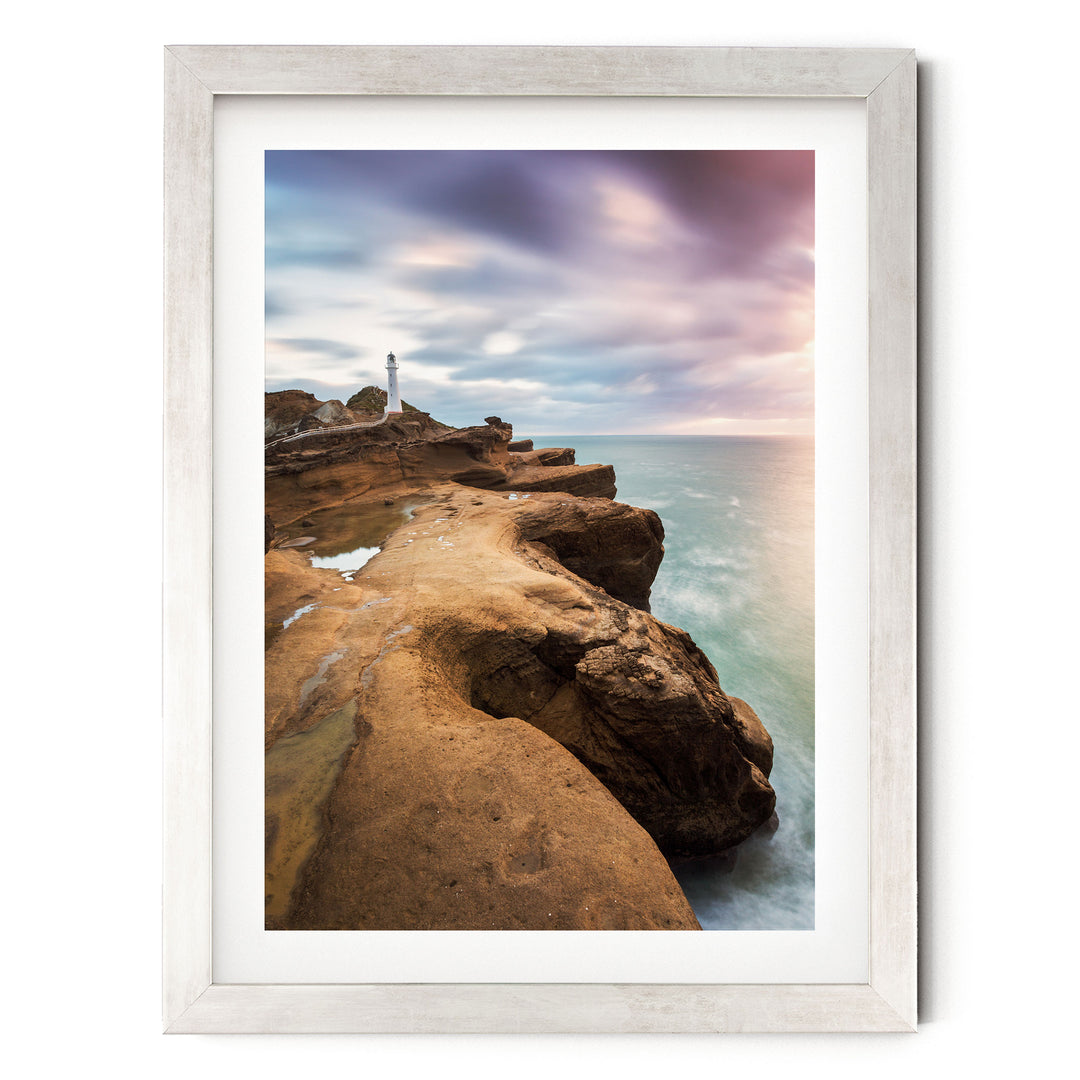 Castle Point Lighthouse, New Zealand – fine art print in a silver frame with white mat
