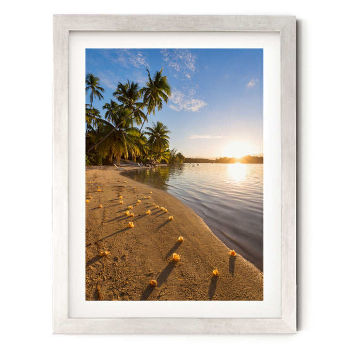 Beach Sunset, French Polynesia – fine art print in a silver frame with white mat