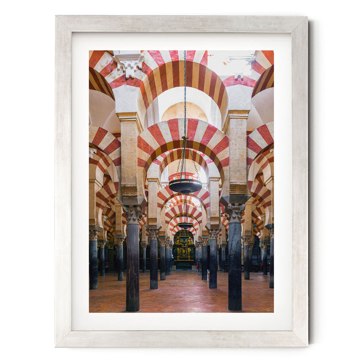 Moorish Arches I, Mezquita, Córdoba, Spain – fine art print in a silver frame with white mat