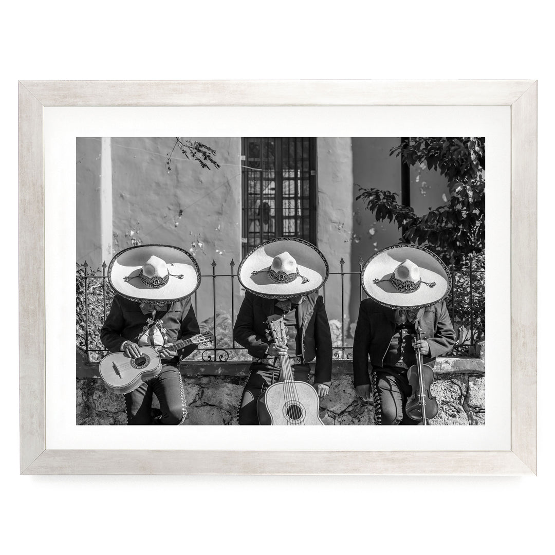 Mariachis Siesta, Yucatan, Mexico – B&amp;W – fine art print in a silver frame with white mat
