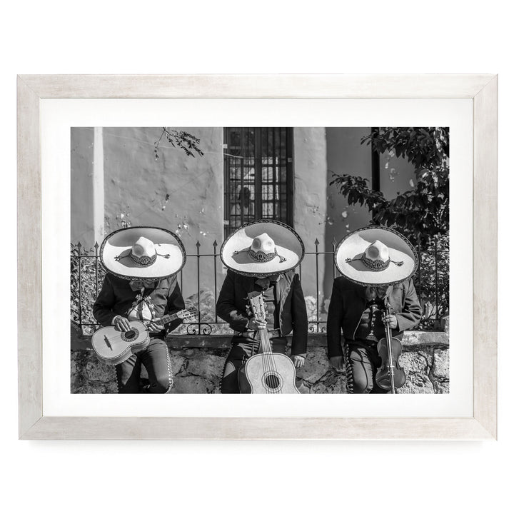 Mariachis Siesta, Yucatan, Mexico – B&amp;W – fine art print in a silver frame with white mat