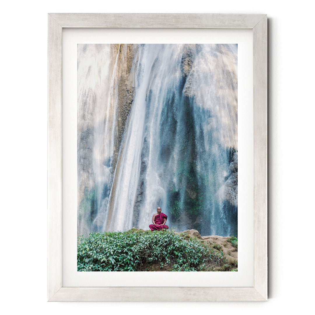 Meditation under the Waterfall, Myanmar – fine art print in a silver frame with white mat