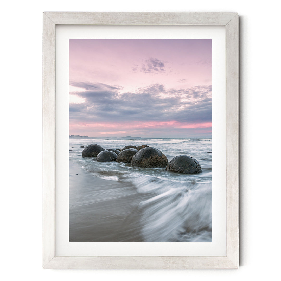 Moeraki Boulders II, New Zealand – fine art print in a silver frame with white mat