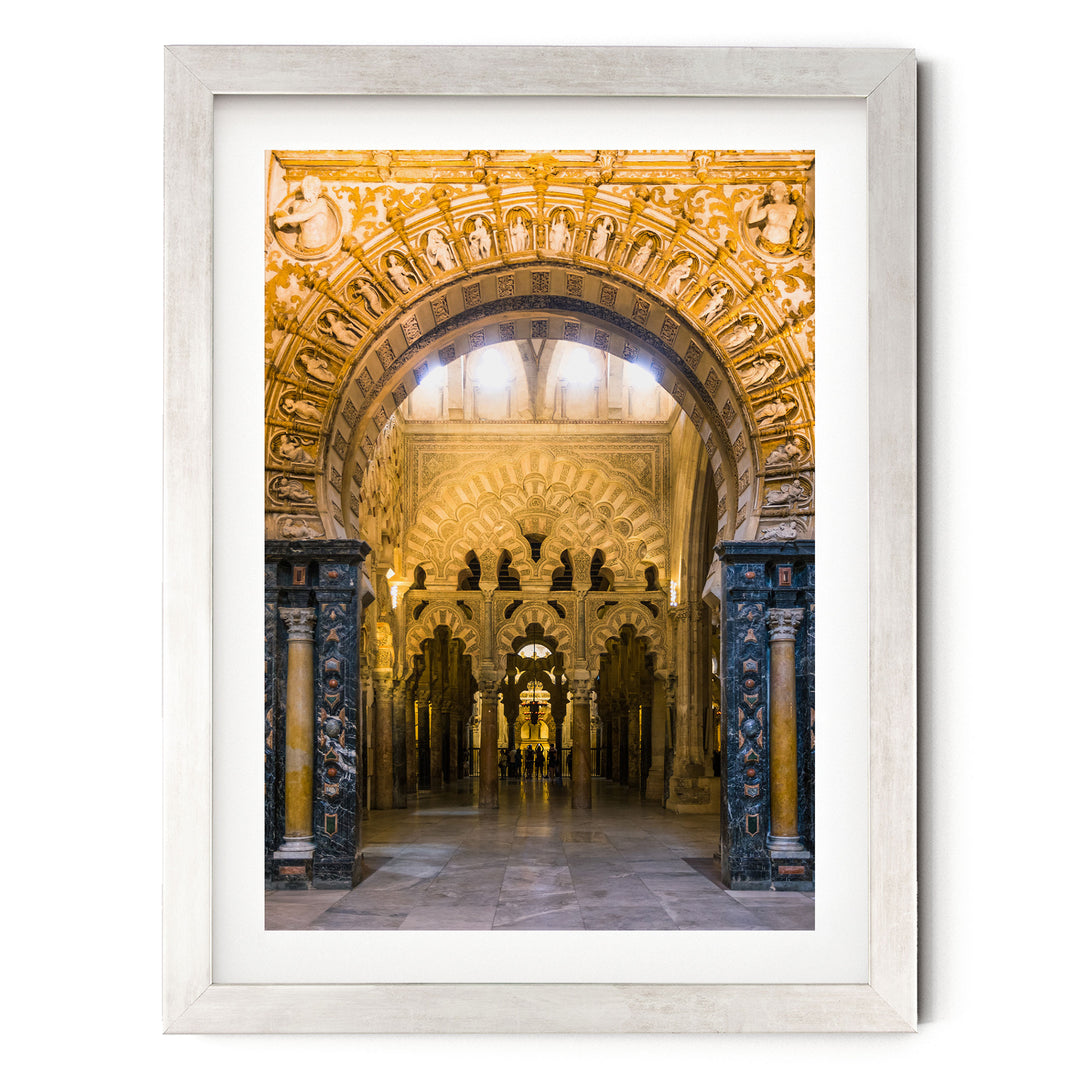 Moorish Arches III, Mezquita, Córdoba, Spain – fine art print in a silver frame with white mat