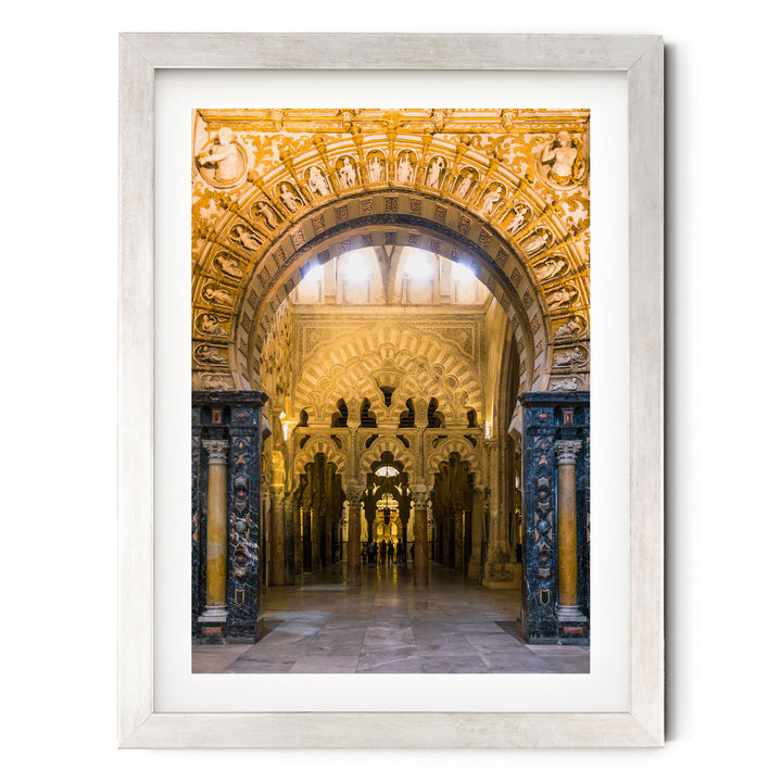 Moorish Arches III, Mezquita, Córdoba, Spain – fine art print in a silver frame with white mat