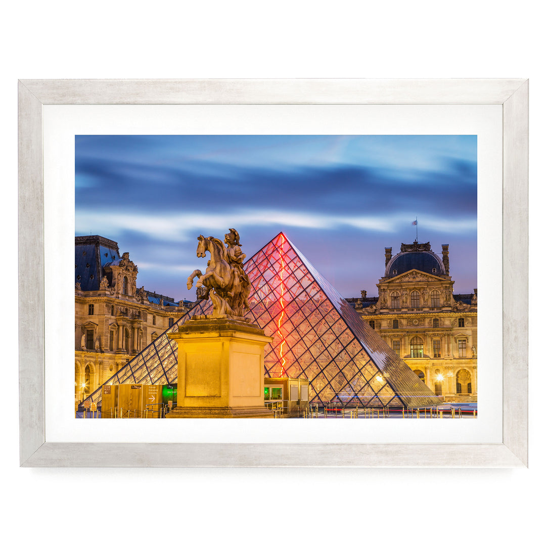 The Louvre at Night, Paris, France – fine art print in a silver frame with white mat