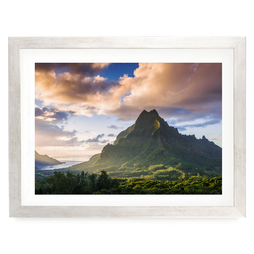 Moorea at Sunset, French Polynesia – fine art print in a silver frame with white mat