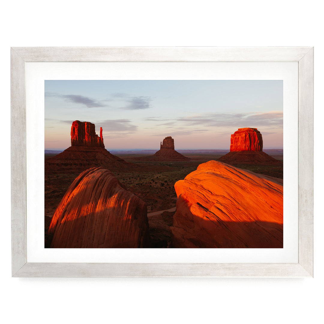 Monument Valley at Sunset, Arizona – fine art print in a silver frame with white mat