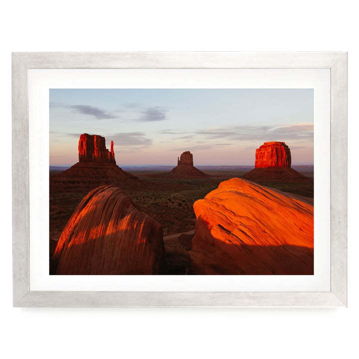 Monument Valley at Sunset, Arizona – fine art print in a silver frame with white mat