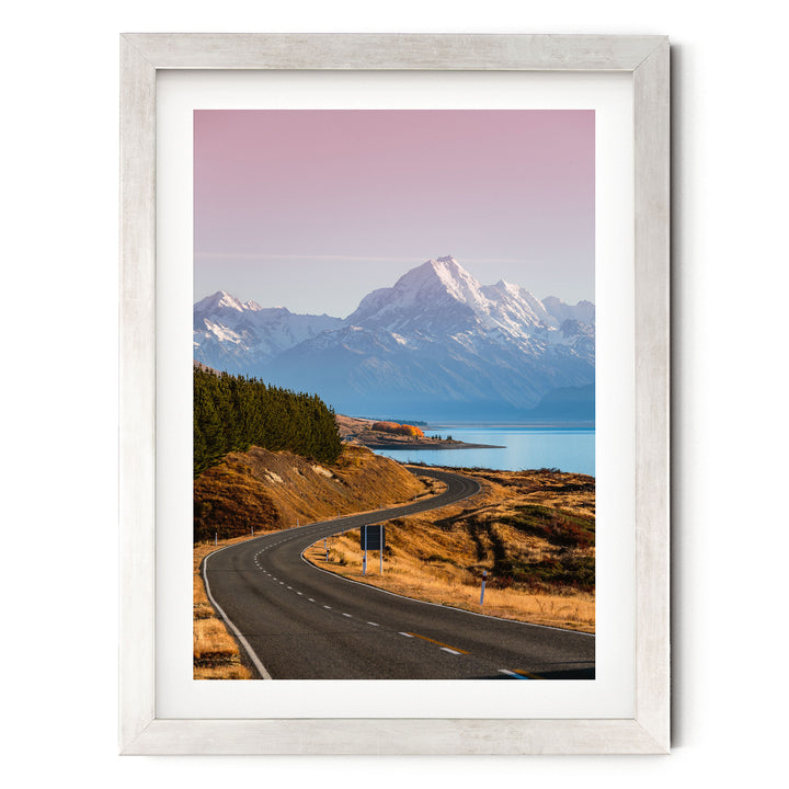 The Road to Mount Cook, New Zealand – fine art print in a silver frame with white mat