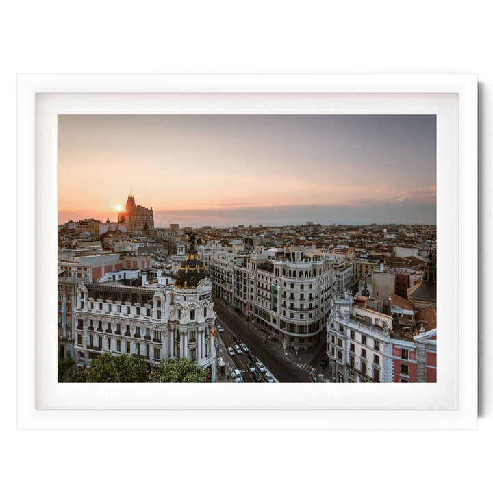 Sunset over Madrid, Spain – fine art print in a white frame with white mat