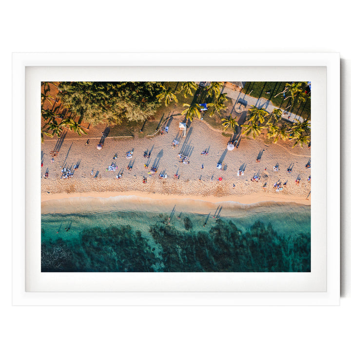 Waikiki Beach Aerial, Honolulu, Hawaii – fine art print in a white frame with white mat