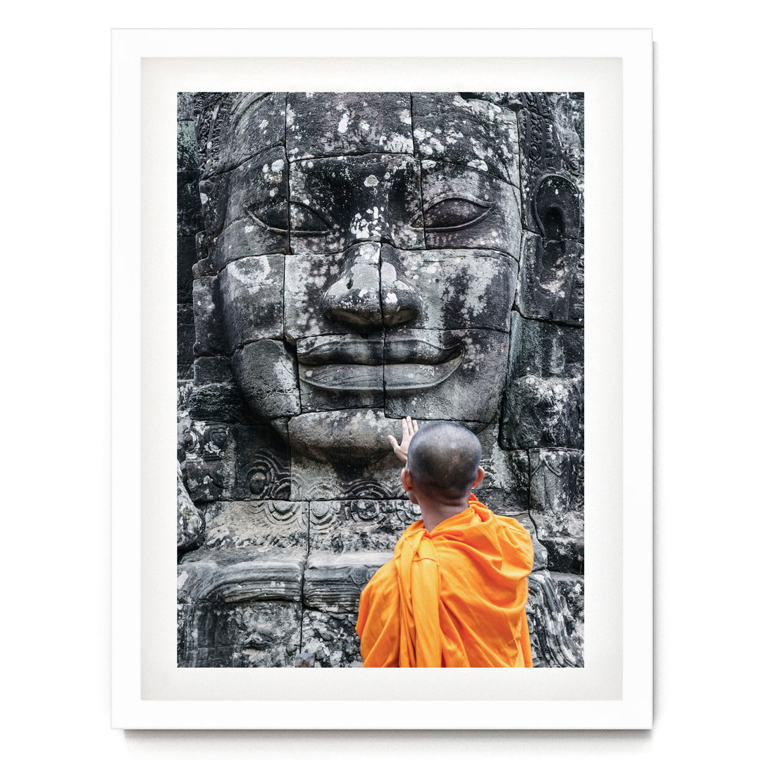 Monk at Bayon Temple, Angkor, Cambodia – fine art print in a white frame with white mat