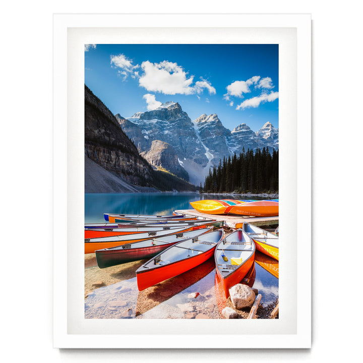 Canoes at Moraine Lake, Banff, Canada – fine art print in a white frame with white mat
