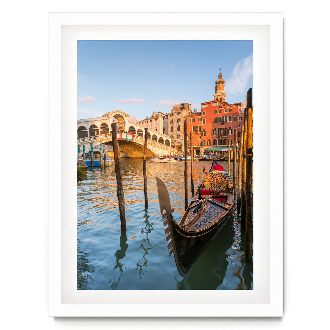 Gondola at the Rialto, Venice, Italy – fine art print in a white frame with white mat