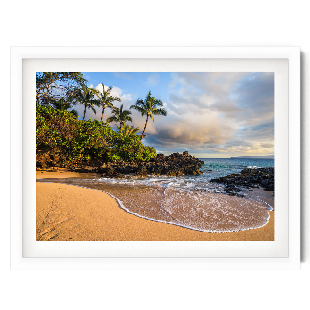 Maui Secret Beach at Sunset, Makena Cove, Hawaii – fine art print in a white frame with white mat