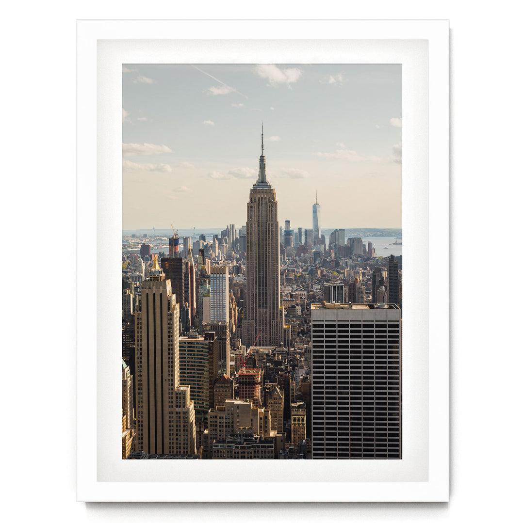 Empire State Building at Sunset, New York City – fine art print in a white frame with white mat