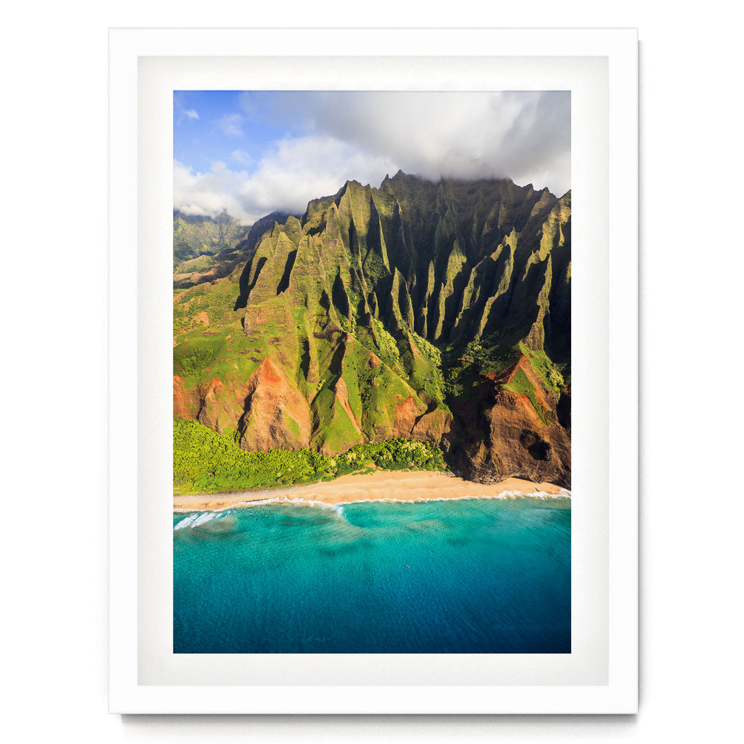 Kauai Cliffs III, Na Pali Coast, Hawaii – fine art print in a white frame with white mat