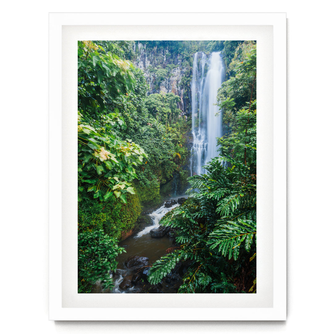 Maui Waterfall, Maui, Hawaii – fine art print in a white frame with white mat