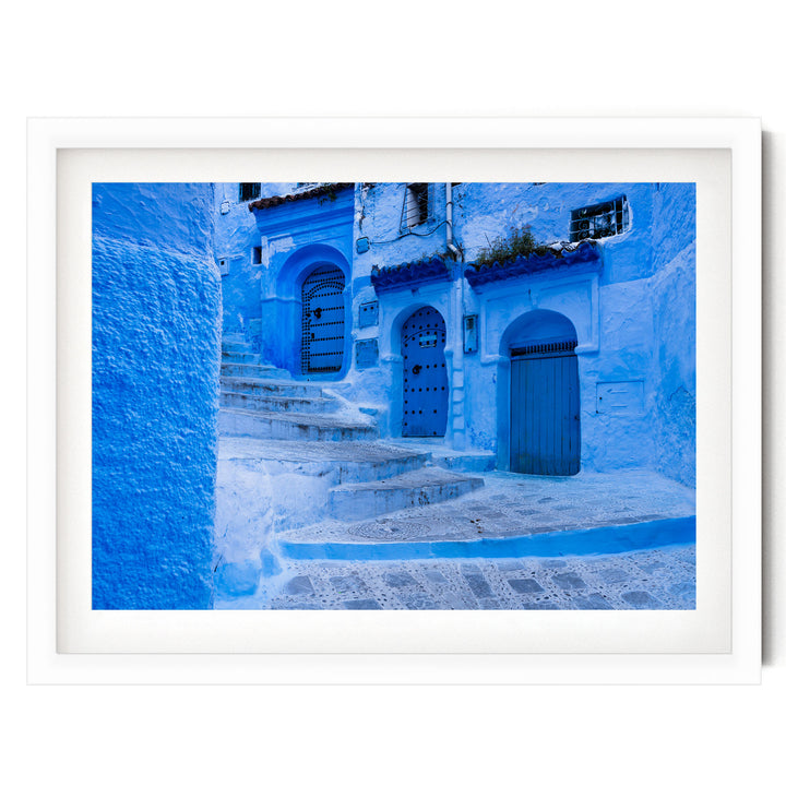 In the Streets of Chefchaouen, Morocco – fine art print in a white frame with white mat