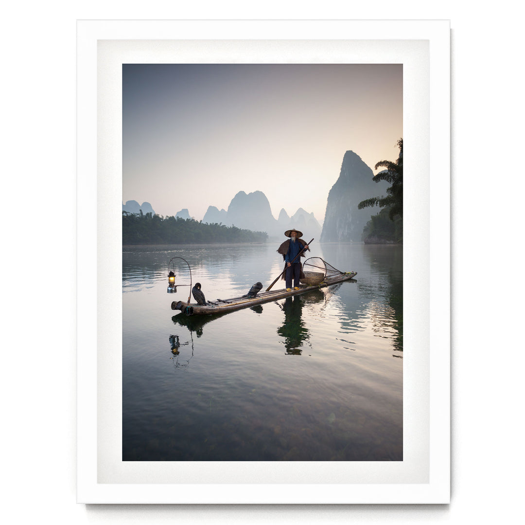 The Cormorant Fisherman, Myanmar – fine art print in a white frame with white mat