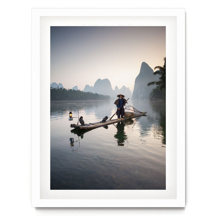The Cormorant Fisherman, Myanmar – fine art print in a white frame with white mat