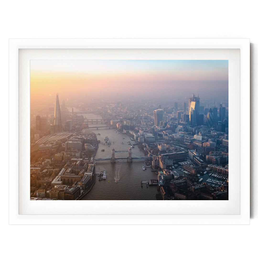 London Aerial II, England – fine art print in a white frame with white mat