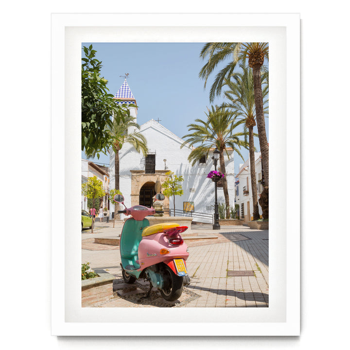 Colourful Vespa, Marbella, Spain – fine art print in a white frame with white mat