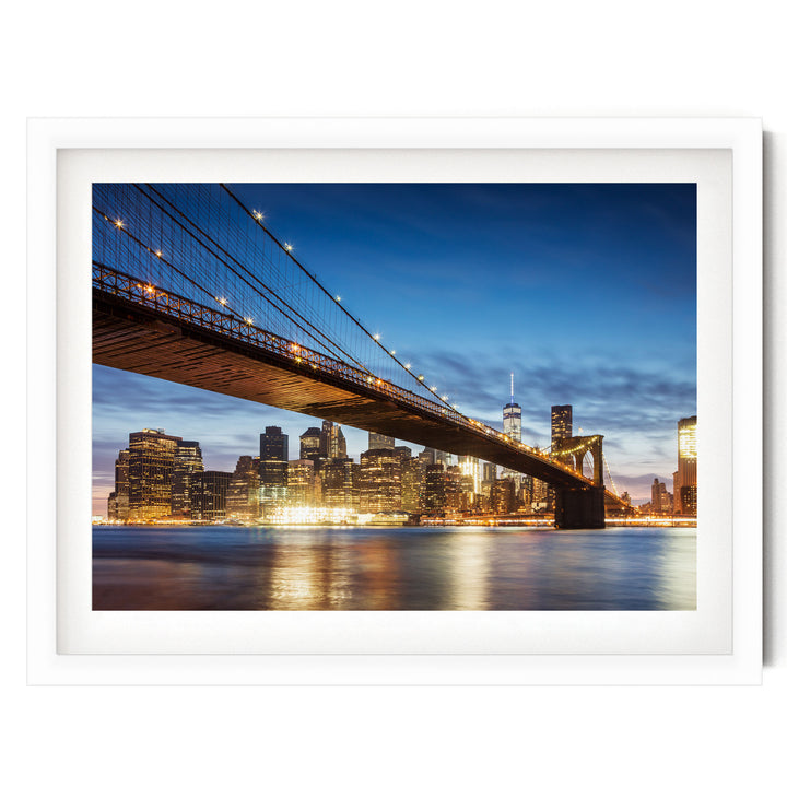 Brooklyn Bridge at Night, New York City – fine art print in a white frame with white mat