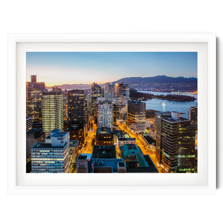 Vancouver Skyline, British Columbia, Canada – fine art print in a white frame with white mat