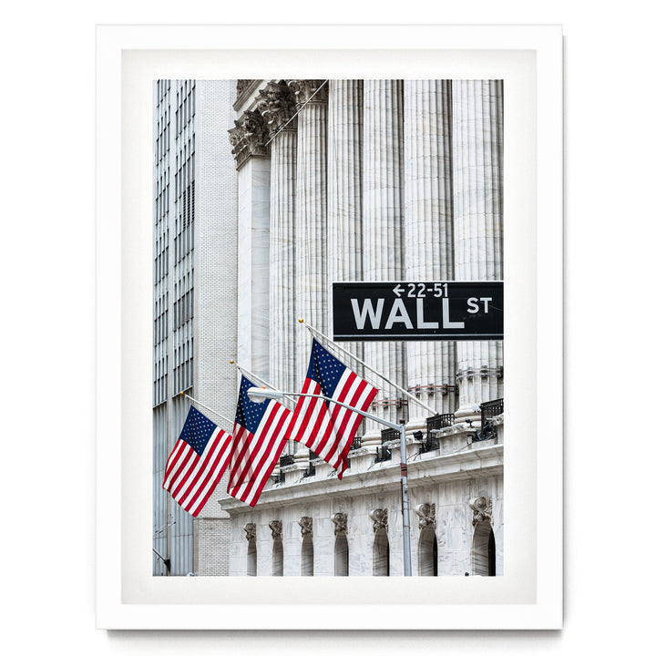 Wall Street, New York City – fine art print in a white frame with white mat