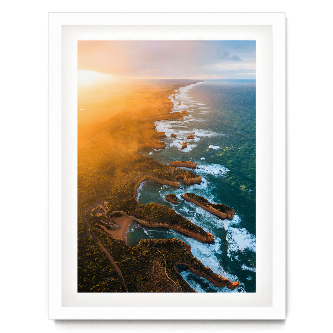 Shipwreck Coast Aerial, Great Ocean Road, Australia – fine art print in a white frame with white mat