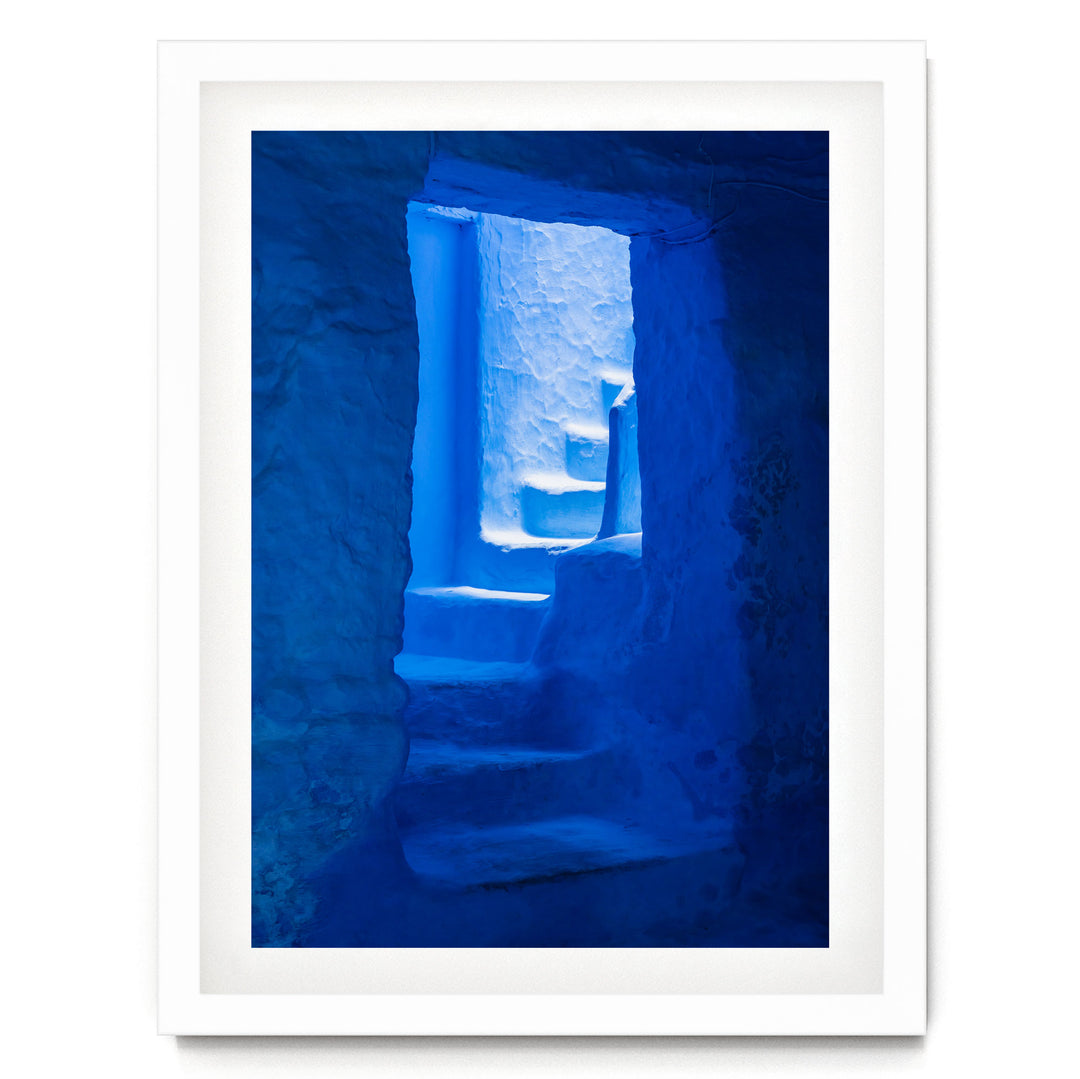 Blue Staircase, Chefchaouen, Morocco – fine art print in a white frame with white mat