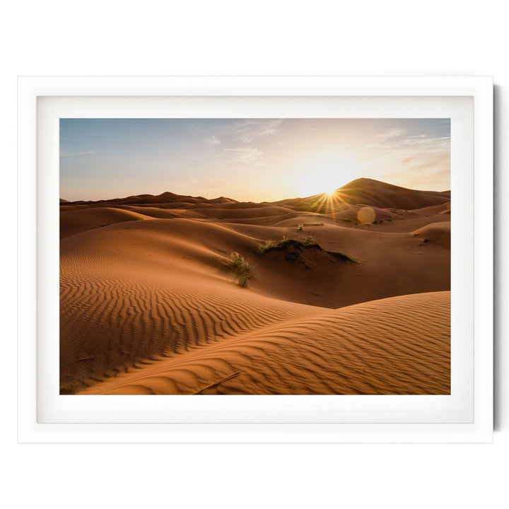 Sunset in the Sahara, Erg Chebbi, Morocco – fine art print in a white frame with white mat