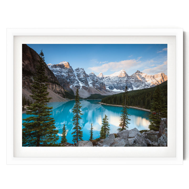 Moraine Lake I, Banff, Canada – fine art print in a white frame with white mat