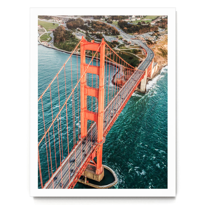 Flying over the Golden Gate Bridge I, San Francisco – fine art print in a white frame, no mat