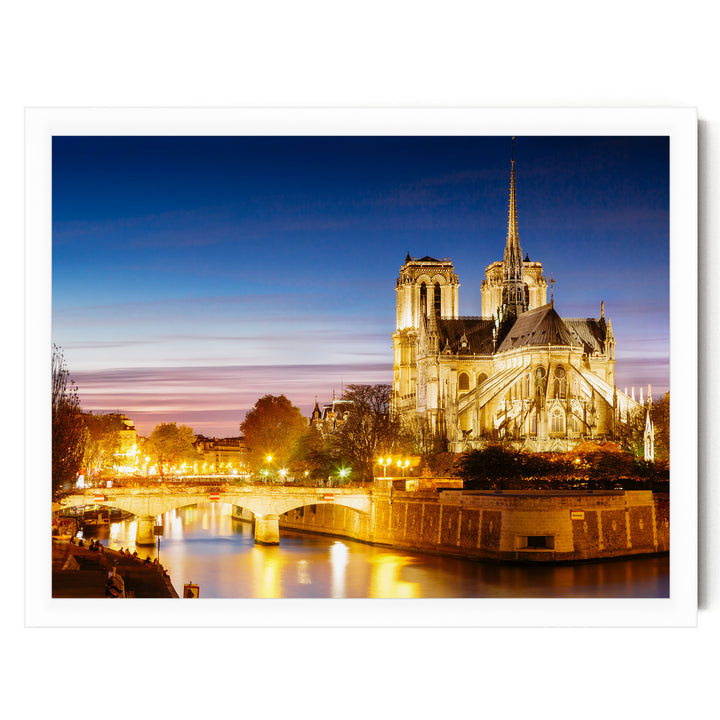 Notre-Dame at Night, Paris, France – fine art print in a white frame, no mat