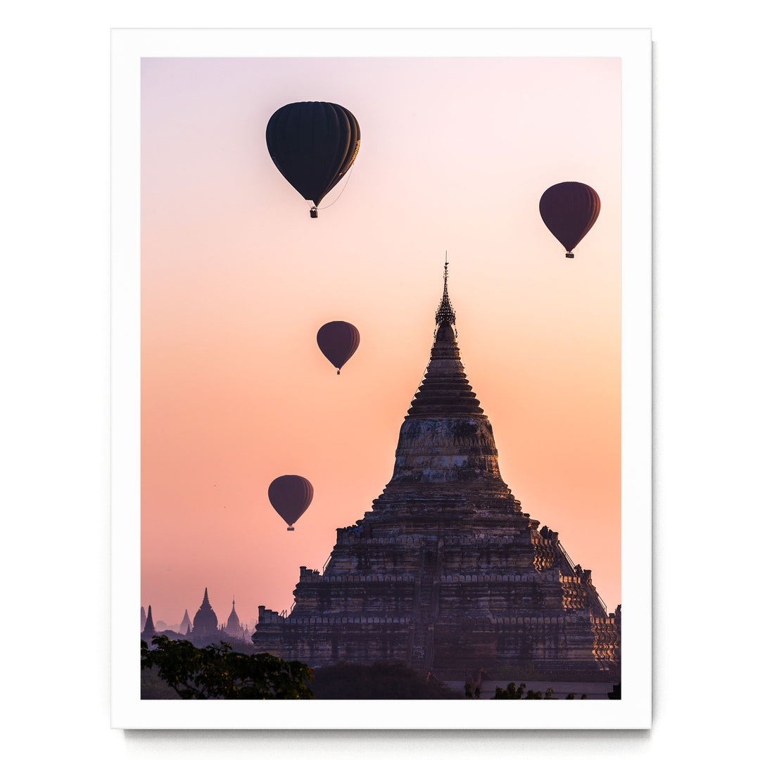 Balloons Flying over Bagan I, Myanmar – fine art print in a white frame, no mat