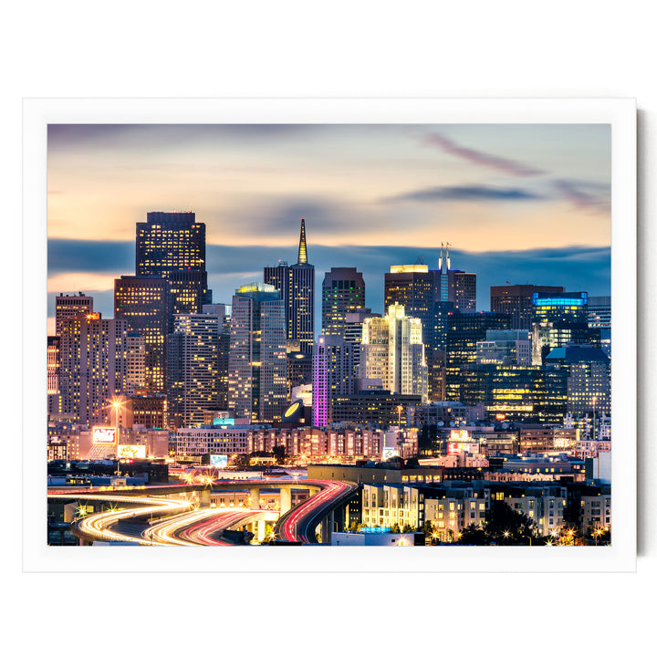 San Francisco Skyline at Night, California – fine art print in a white frame, no mat