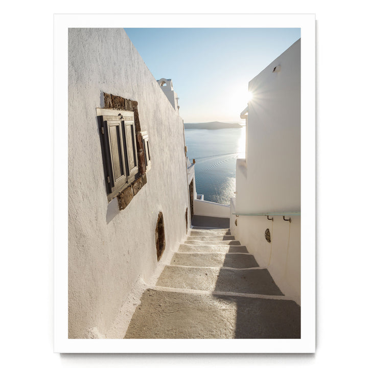 Walking in Oia, Santorini, Greece – fine art print in a white frame, no mat