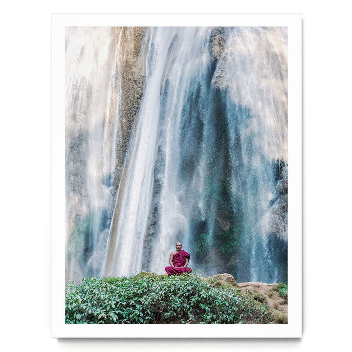 Meditation under the Waterfall, Myanmar – fine art print in a white frame, no mat